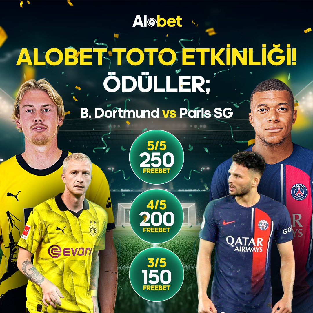 🏆#Alobet Büyük Ödüllü Toto Etkinliği ! ⚽️ B. #Dortmund - #ParisSG #BVBPSG #UCL ⚡ Ödül Dağlımları 💢3/5 150 FB 💢4/5 200 FB 💢5/5 250 FB ✅ Şartlar: Takip, Rt, k. adın ve #Alobet tagı ile yorum yap! ‼️ Link üzerinden katılımını tamamla; ➡️alobet.gmdy.link