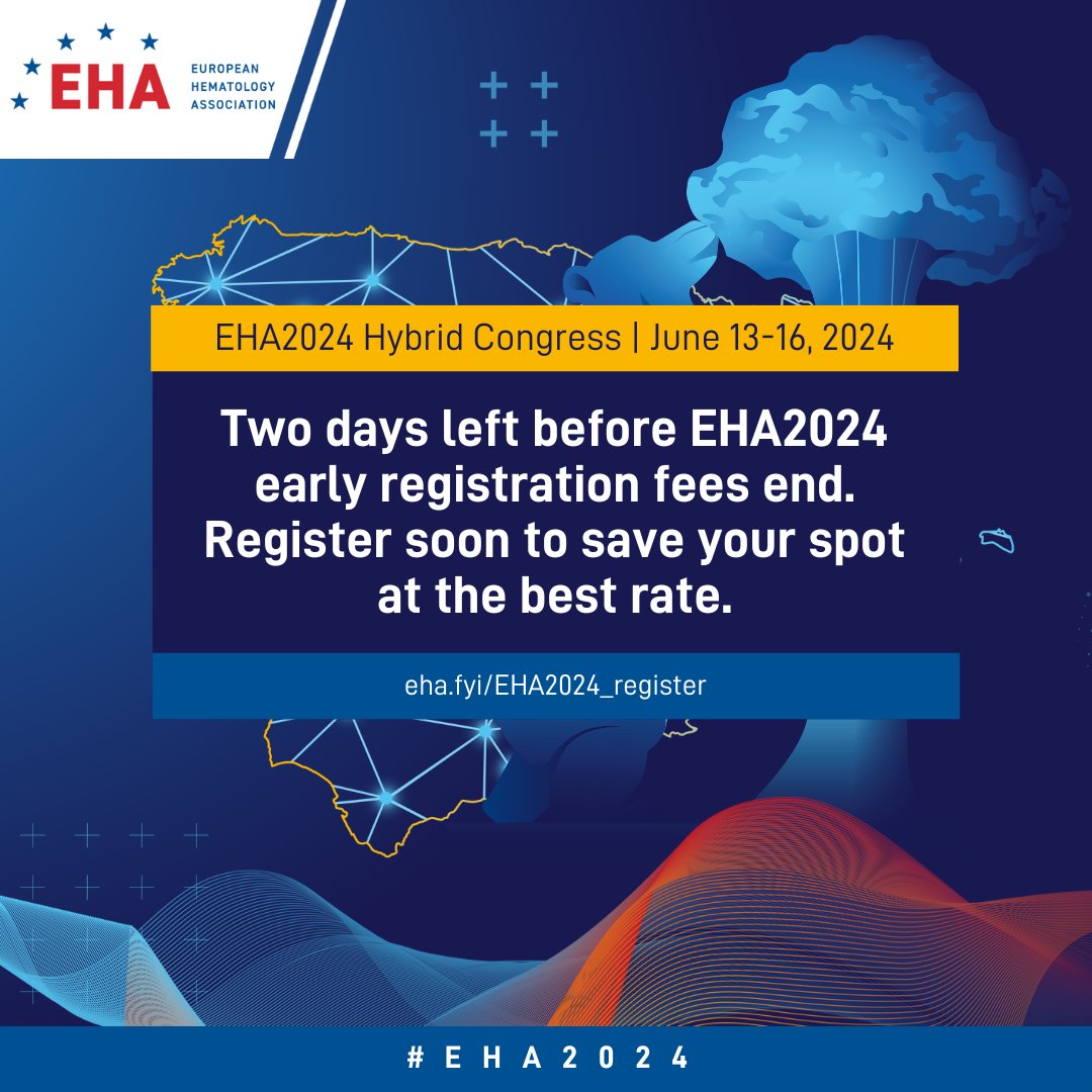 2 days left to take advantage of the #EHA2024 early-bird registration fee. Make sure to register soon to save your spot and join the global #hematology community in Madrid where will bring you the latest developments in the field. Register now: eha.fyi/EHA2024_regist…