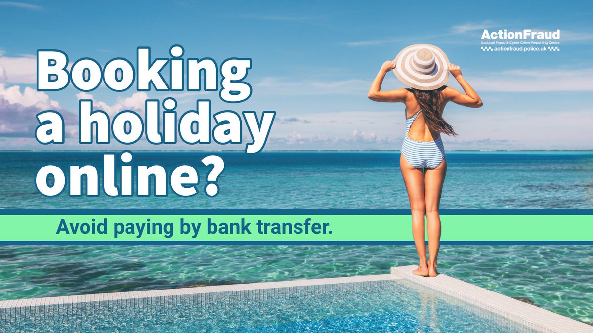 RT @SuffolkTS: Always book holidays using a credit card to get the benefit of buyer protection if anything goes wrong. Never, ever pay by bank transfer, especially if you don't know or have never met the seller. See: actionfraud.police.uk/holidayfraud