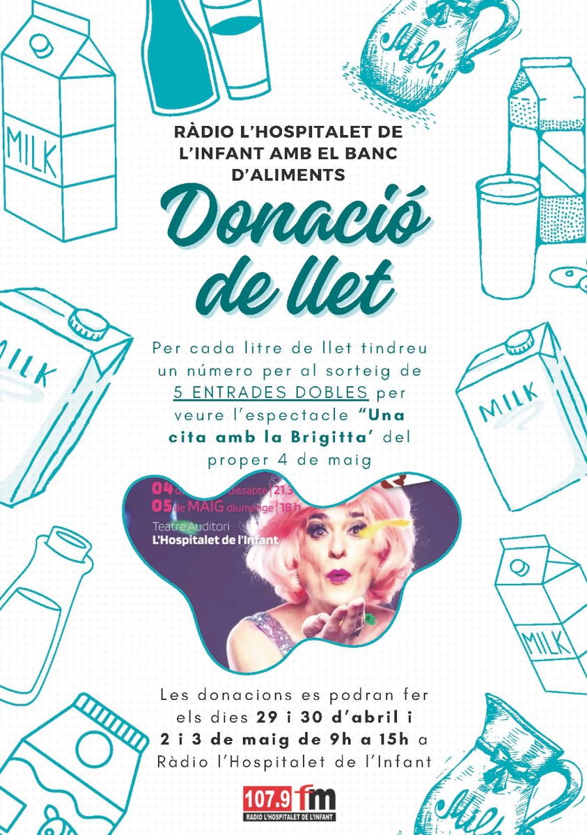 🐄 Encara sou a temps de col·laborar amb el Banc d'Aliments i participar en el sorteig per a l'espectacle 'Una cita amb la @BrigittaLamoure'! ⬇️ Per participar en la campanya de @RadioHospitalet, heu de portar llet a l'emissora municipal aquest dijous i divendres, de 9 a 15 h.