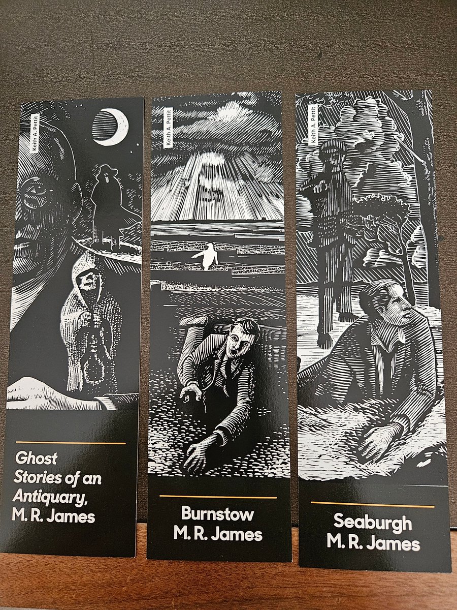 I wanted to give a shout out to @KeithAPettit who did the art work for the #MRJames conference @UOSEnglish Here are the brilliant bookmarks. Sadly I failed to win one of his prints in the raffle (continuing a lifetime of failure at raffles) @UniofSuffolk #SuffolkHaunts2024