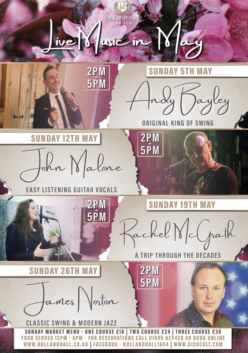 The Pub at Holland Hall - May Live Music Sundays Line Up! ✨🌸💗💜🎶

For Reservations Call 01695 624426 or 
Book Online booking.resdiary.com/widget/Standar…

#LiveMusic #SundayRoast #GreatFood #GreatMusic #ChilledSunday