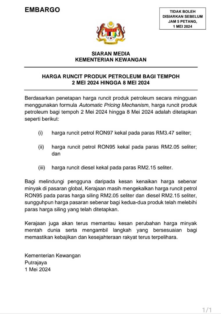 Siaran Media Berkenaan Harga Runcit Produk Petroleum Bagi Tempoh 02 Mei 2024 Hingga 08 Mei 2024