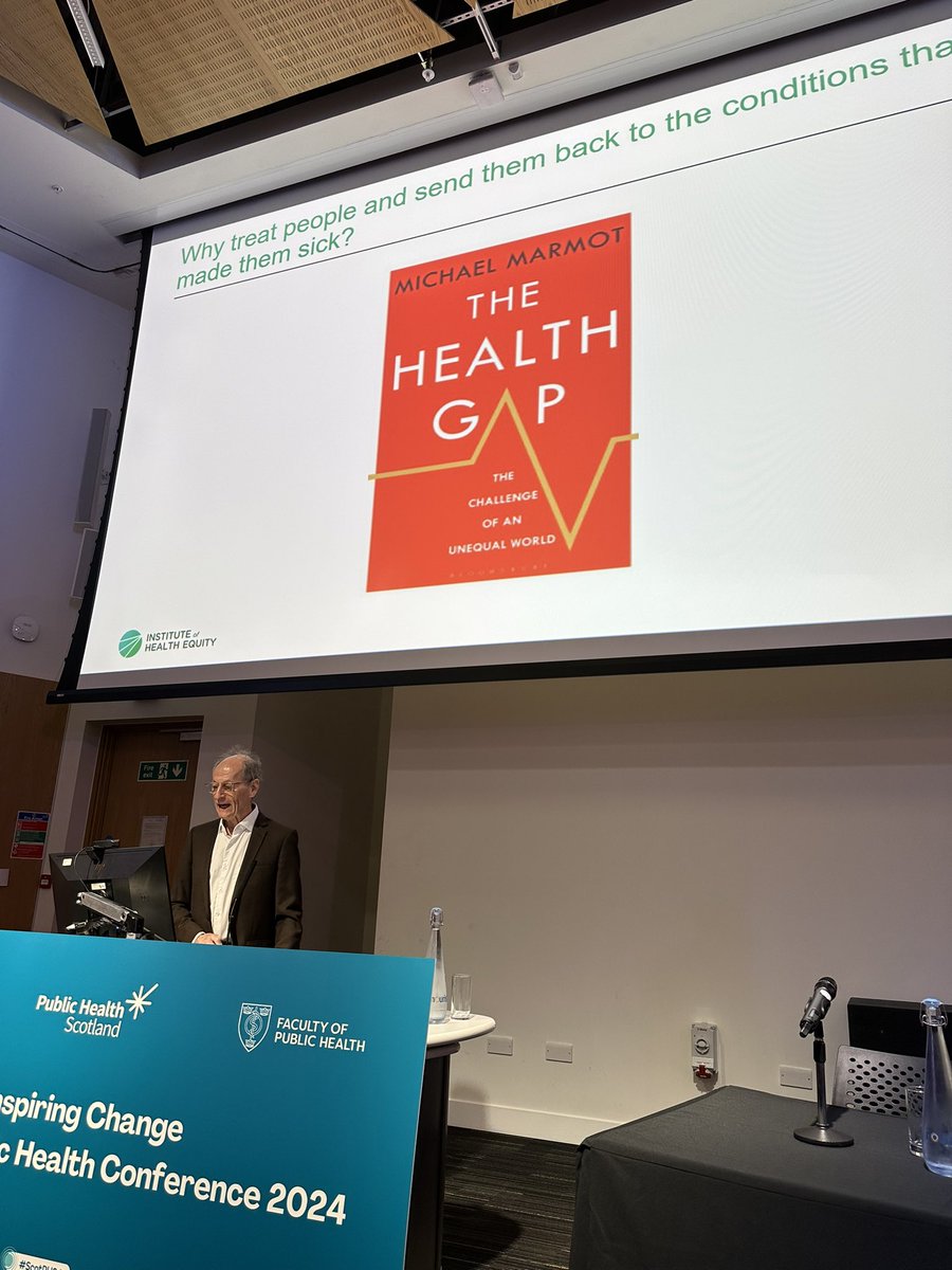 Life expectancy is declining. Inequalities have worsened. Spending has reduced in more deprived areas. Wages are lower. Powerful statement from @MichaelMarmot at #ScotPH24 
‘In what moral universe can you justify taking money away from sick areas and giving it to rich areas!’