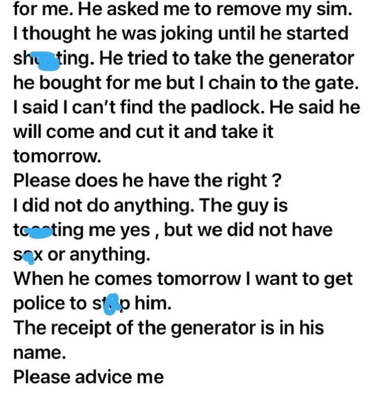 Joroolumofin1's tweet photo. My bf met a guy toasting me at my place. He collected the phone and TV he bought for me. He's coming for the gen tomorrow but I want to use police to stop him. https://t.co/WLUOyIu0rz