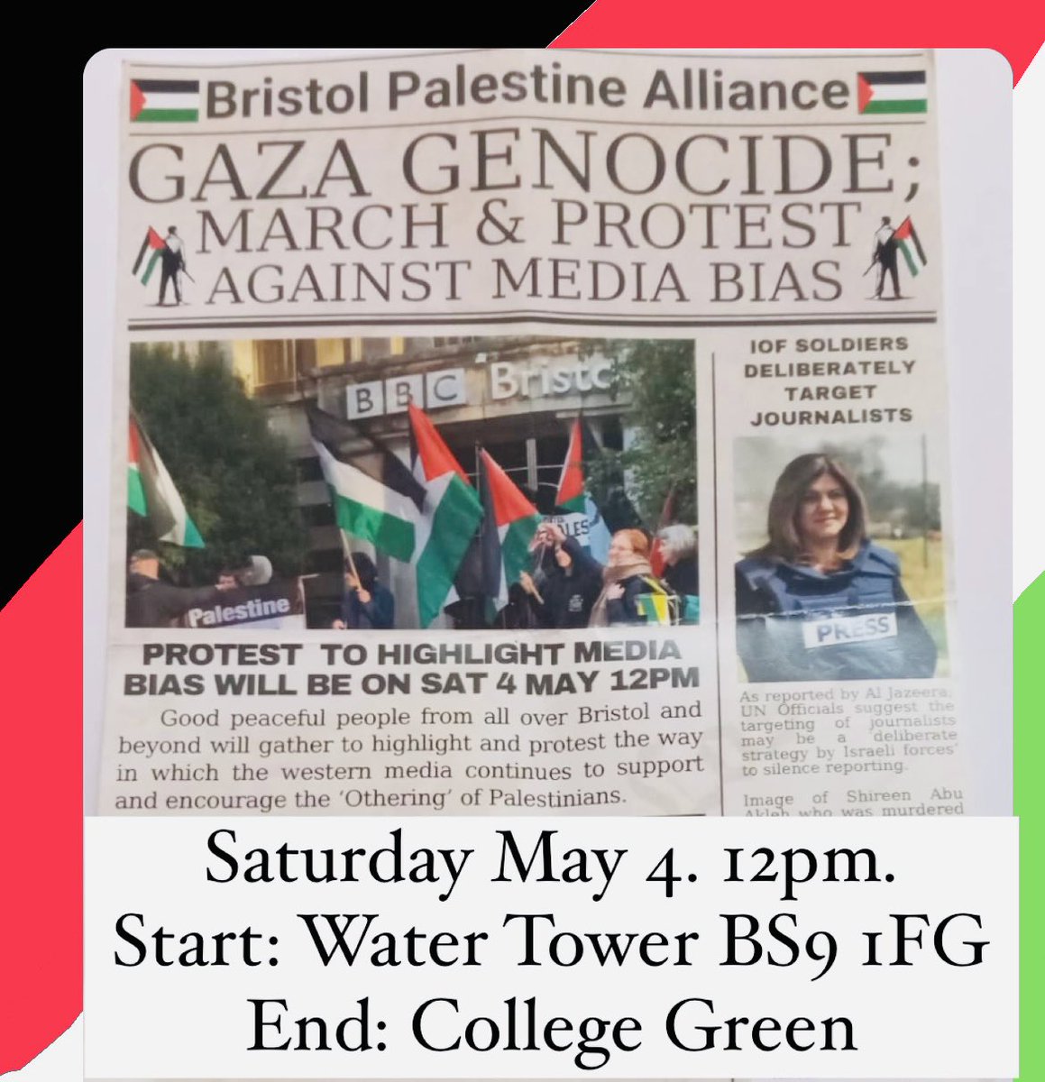 Bristol march. 12pm Saturday May 4. 
#MediaBias #Gaza