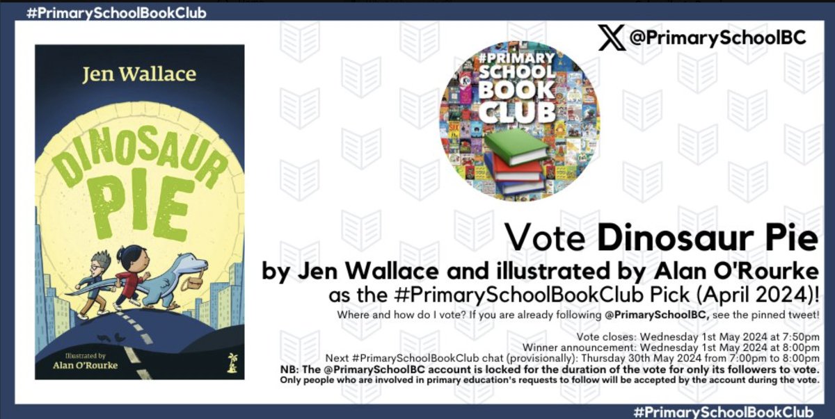 Vote for #DinosaurPie, written by @Jenscreativity and illustrated by @alanorourke for #PrimarySchoolBookClub Pick! You can vote at the poll in their feed. Voting closes at 7pm tonight so don't delay! twitter.com/PrimarySchoolB… @PrimarySchoolBC