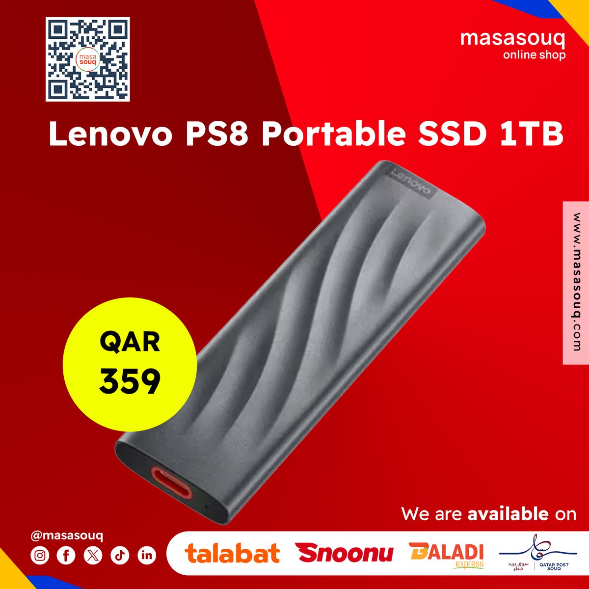 ⚡ Need lightning-fast storage on the go? The Lenovo PS8 Portable SSD (1TB) has arrived! 🚀 Get blazing transfer speeds for all your files.  Order yours today for just QAR359: masasouq.com/lenovo-ps8-por…  #Lenovo #SSD #portable #faststorage #tech #masasouq