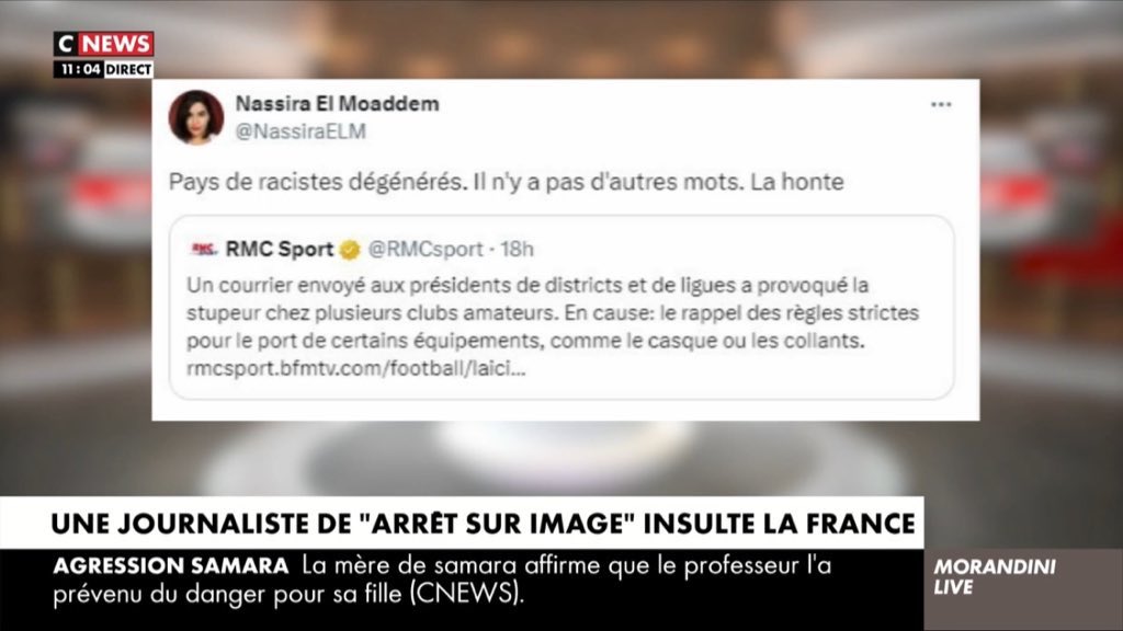 Une journaliste de “Arrêt sur images” insulte la France 

Nos invités : @JulienOdoul Rost @SarahSaldmann et @RKaaout #morandinilive