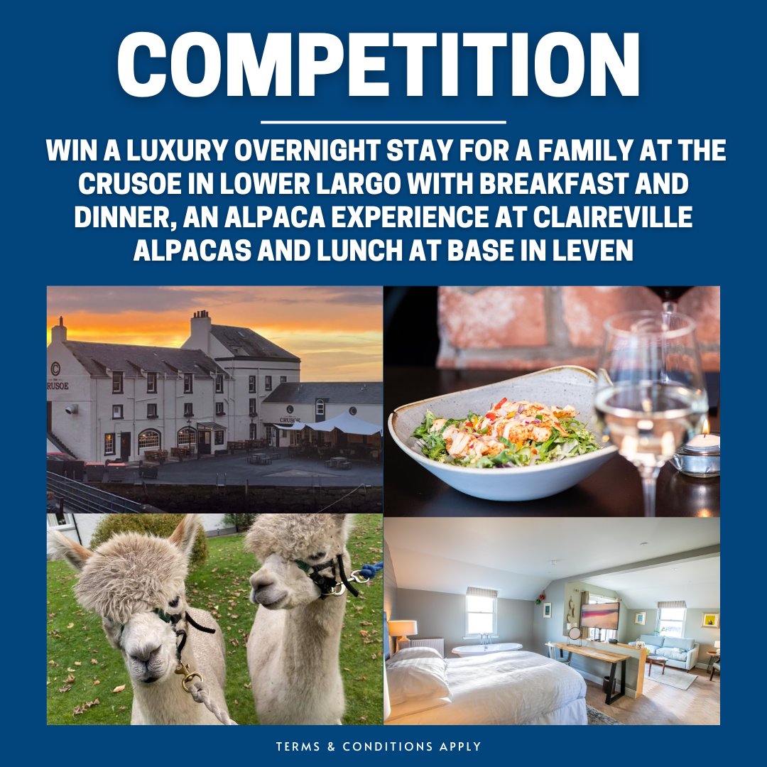 We've got a new competition! The prize up for grabs includes a luxury overnight stay with dinner for a family at The Crusoe in Lower Largo, lunch at Base Leven & an alpaca experience at Claireville Alpacas

welcometofife.com/competition

#LoveFife #KingdomOfFife