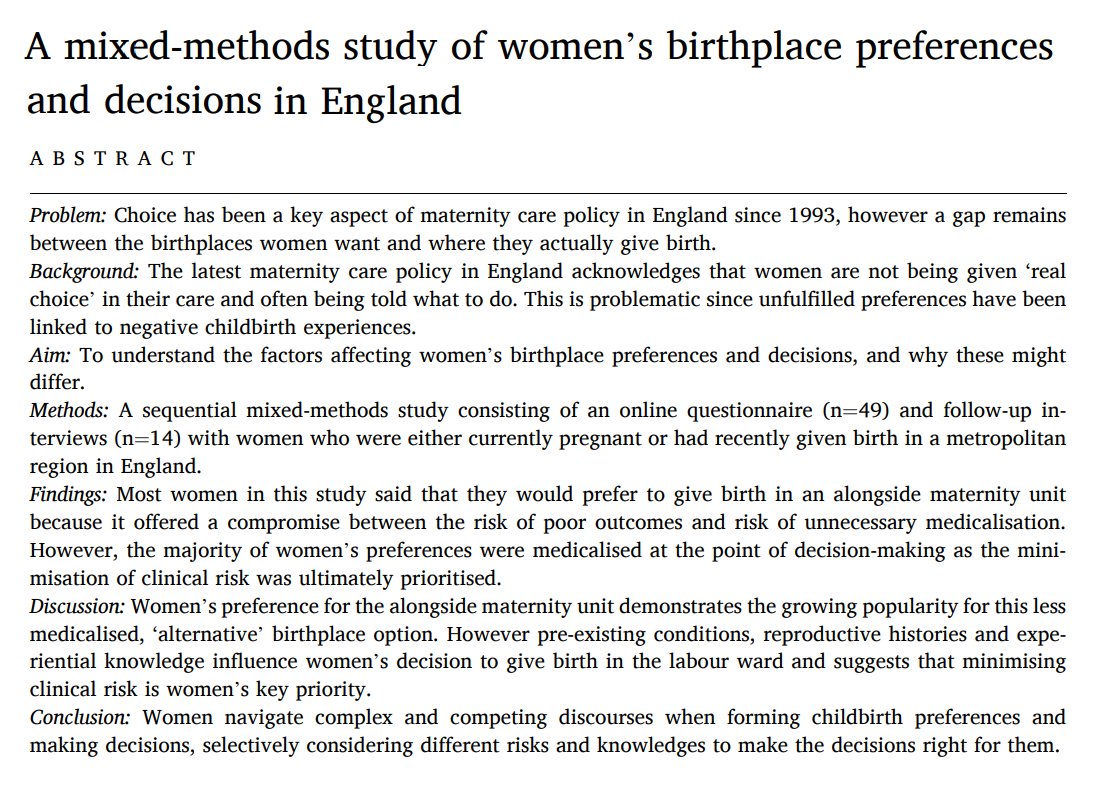 I'm very pleased to share a new article from my PhD research 🎉 A mixed-methods study of the factors affecting women’s birthplace preferences and decisions, and why these might differ, in England. sciencedirect.com/science/articl… with @ImaginingFuture & @drsophierees in @womenandbirth