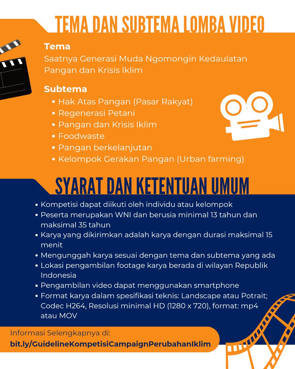 ✨Workshop dan Kompetisi Video Dokumenter🏆📷✨

Halo sobat pangan👋🏻
Perubahan iklim nyatanya telah memengaruhi kehidupan masyarakat baik di perkotaan maupun pedesaan. Masalah pangan sudah seharusnya menjadi masalah yang dapat kita selesaikan bersama-sama. Peran generasi muda