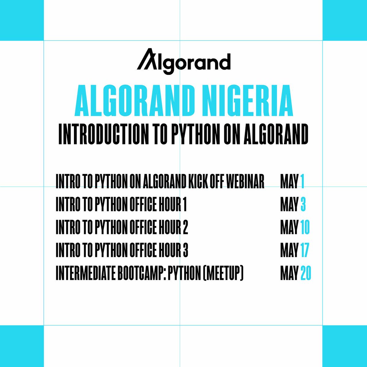 Algorand_NG's tweet image. 🎉Happy New Month AlgoFam Nigeria 🇳🇬! Welcome to an exciting #PythonMay with Algorand Nigeria! 🐍 Dive deeper into Python on Algorand with our series of events starting today:
🔹 May 1: Introduction to #PythonOnAlgo | 3PM
Reserve your spot for today now:
bit.ly/IntroToPythonO……