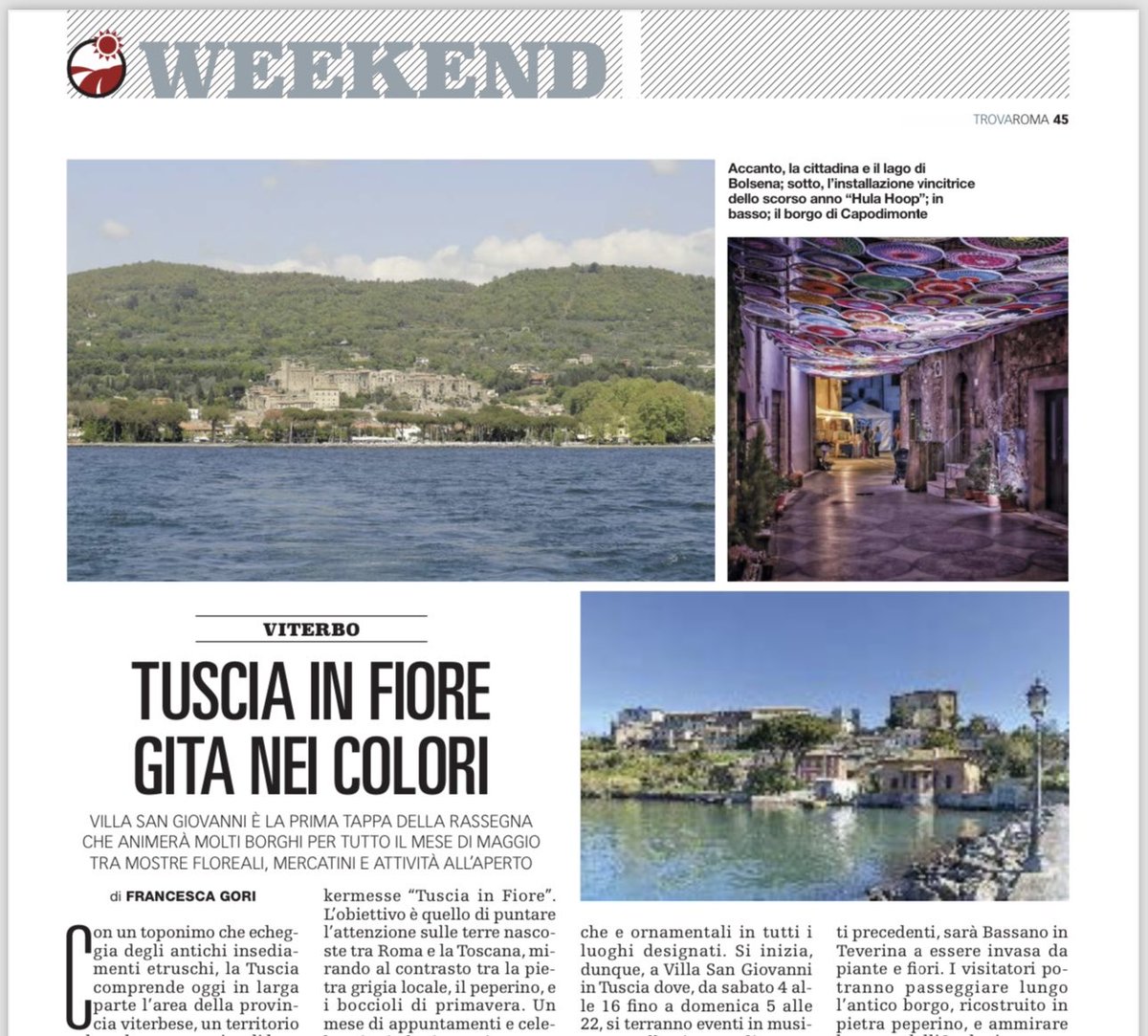 Un weekend in provincia di Viterbo in occasione della kermesse @tusciainfiore che anima molti borghi per tutto il mese tra mostre, mercatini e attività en plein air. Ne parla Francesca Gori sul #TrovaRoma, in edicola oggi con @repubblica. Inviti per i lettori.