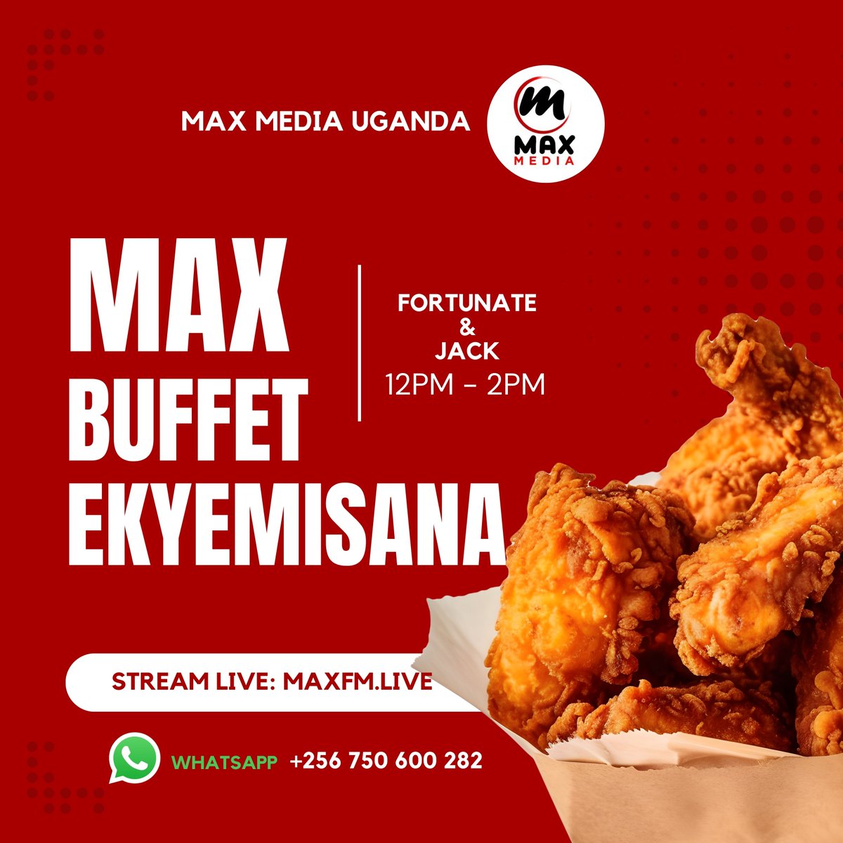 #LIVEONAIR: Max Buffet Ekyemisana
Presented to you by: Fortunate

Request for your favourite song via our Whatsapp 0750600282
STREAM LIVE: maxfm.live