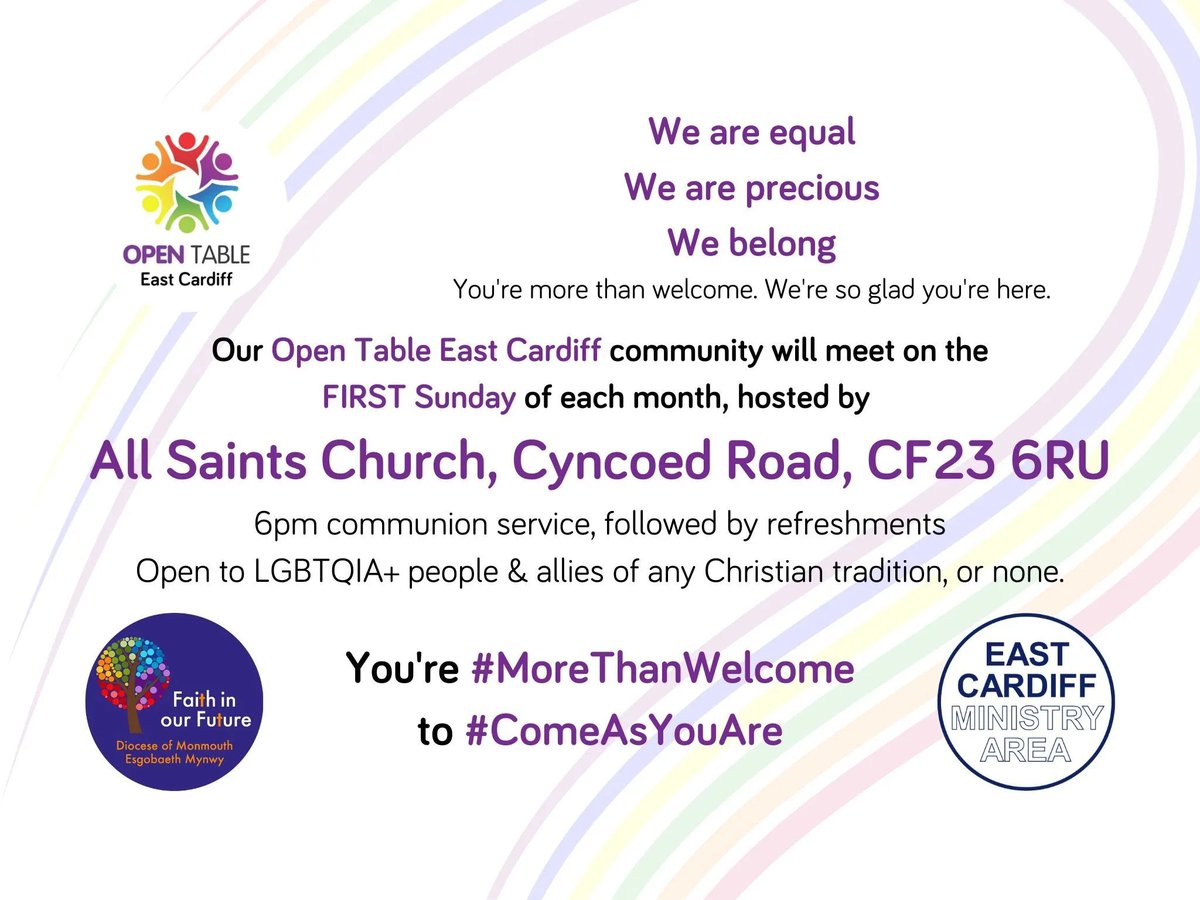 East Cardiff Ministry Area (@eastcardiffma) on Twitter photo We can't wait to welcome you this Sunday at Open Table East Cardiff!
Check out our web page for more details about our <a href="/opentablelgbt/">Open Table Network</a>.
eastcardiff.church/opentable/
#cardiff #LGBTQIA We can't wait to welcome you this Sunday at Open Table East Cardiff!
Check out our web page for more details about our <a href="/opentablelgbt/">Open Table Network</a>.
eastcardiff.church/opentable/
#cardiff #LGBTQIA