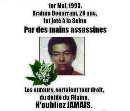 Le 1er mai 1995, Brahim Bouarram était lâchement jeté dans la Seine par des militants du Front National en marge de leur rassemblement annuel. Il est mort noyé. @GuilbertMuriel1 et @JulieFerrua représentent @UnionSolidaires au rassemblement impulsé par @AtmfFederation