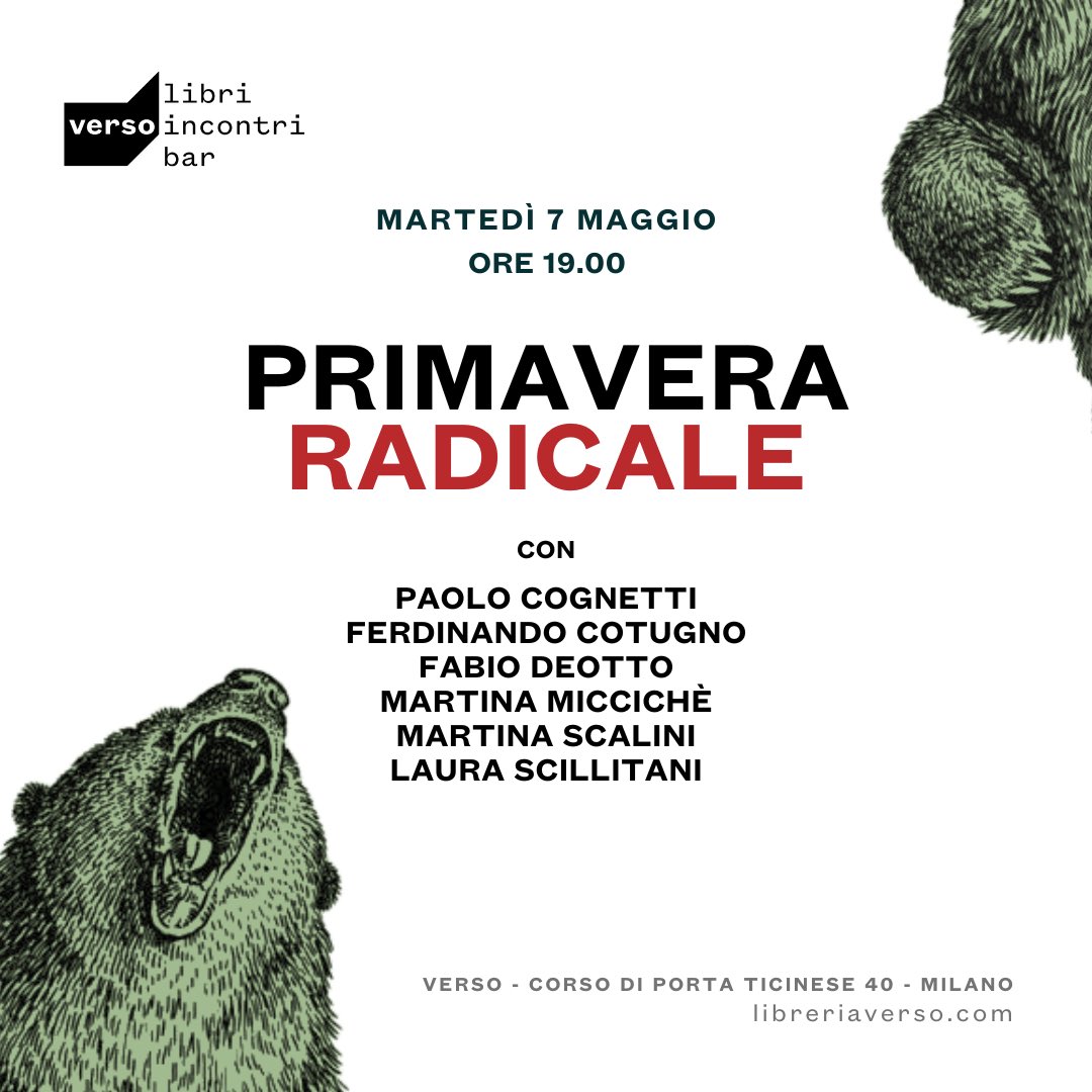 Martedì 7 da Verso succede questa cosa. È una serata a cui tengo parecchio, e che ho organizzato grazie alla risposta di tante persone luminose. Si parlerà di ecologia, conservazione, antispecismo e femminismo. È gratuita e poi si beve benissimo. Siateci!