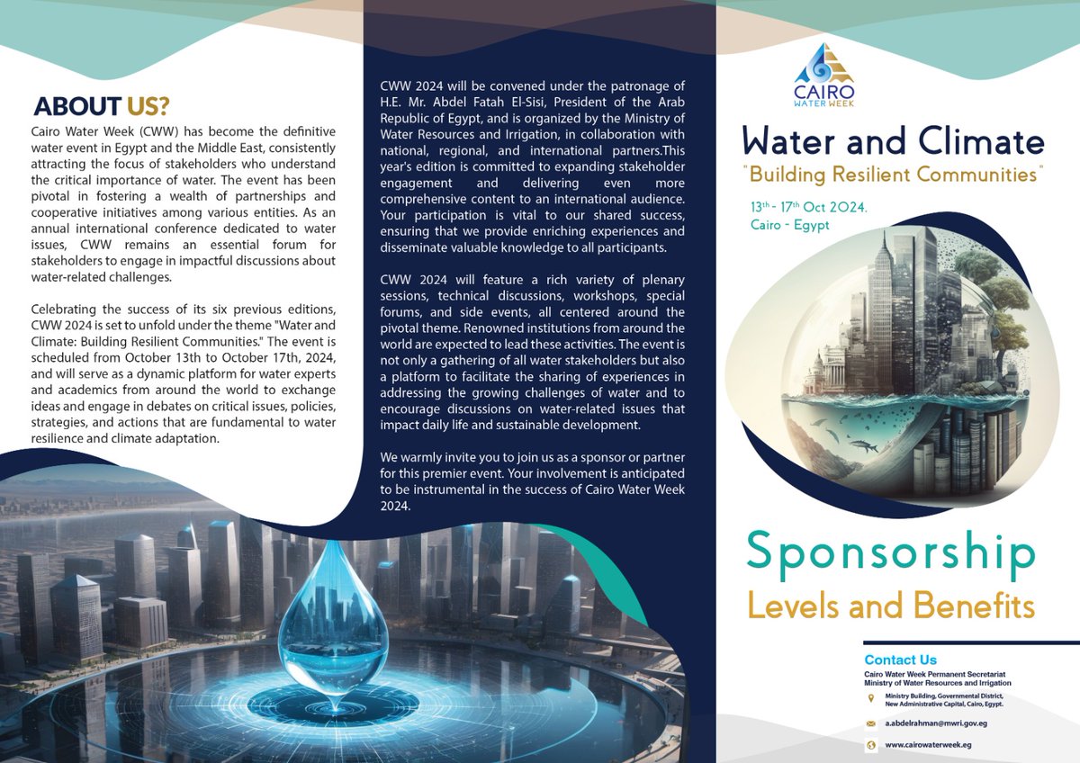 #Sponsor the future of water resilience from October 13-17, 2024. Gain unparalleled access to global experts, showcase your innovations, and lead the wave of change. 🔹 Exclusive sponsor benefits 📷 Global networking cairowaterweek.eg/partnership/ #CWW2024