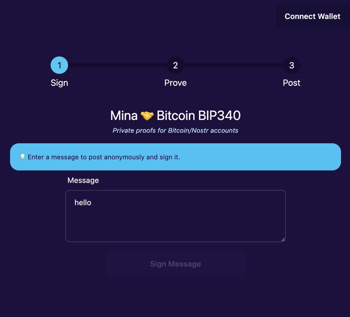 Mina 🤝 Bitcoin BIP340 - April update for Mina-anons 🥷 Bitcoin BIP340 Schnorr signature verification proof can now be made in @MinaProtocol #o1js Demo: mina-anons.vercel.app/demo-nostr