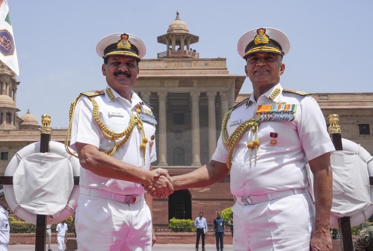 Admiral Dinesh Kumar Tripathi becomes the new Indian Navy Chief as Admiral Radhakrishnan Hari Kumar retires today outside Defence Ministry, South Block, Rasinia Hill, Delhi.