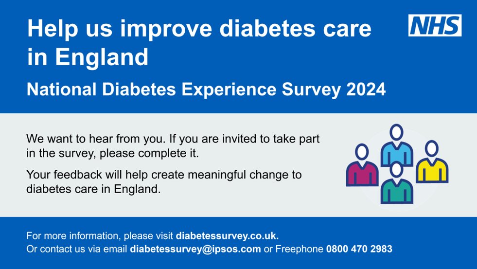 NHS Diabetes Programme (@nhsdiabetesprog) on Twitter photo Have you received a #NationalDiabetesExperienceSurvey in the post or via text message? The survey is closing at the end of May.⏰
If you haven’t already, please let the NHS know about your experience of living with diabetes.
Find out more. diabetessurvey.co.uk <a href="/DiabetesUK/">Diabetes UK</a> Have you received a #NationalDiabetesExperienceSurvey in the post or via text message? The survey is closing at the end of May.⏰
If you haven’t already, please let the NHS know about your experience of living with diabetes.
Find out more. diabetessurvey.co.uk <a href="/DiabetesUK/">Diabetes UK</a>
