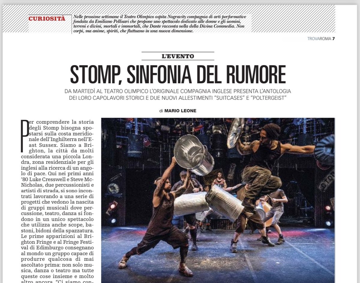 Al @teatrolimpico va in scena l’originale compagnia inglese #Stomp tra i capolavori storici e le nuove performance “Suitcases” e “Poltergeist”. Ne parla @maestroleone sul #TrovaRoma, in edicola oggi con @repubblica. Inviti per i lettori.