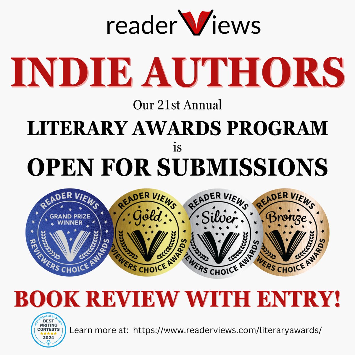 NOW OPEN FOR SUBMISSIONS!
readerviews.com/literaryawards/
#writingcommunity #indiewriter #bookstagram