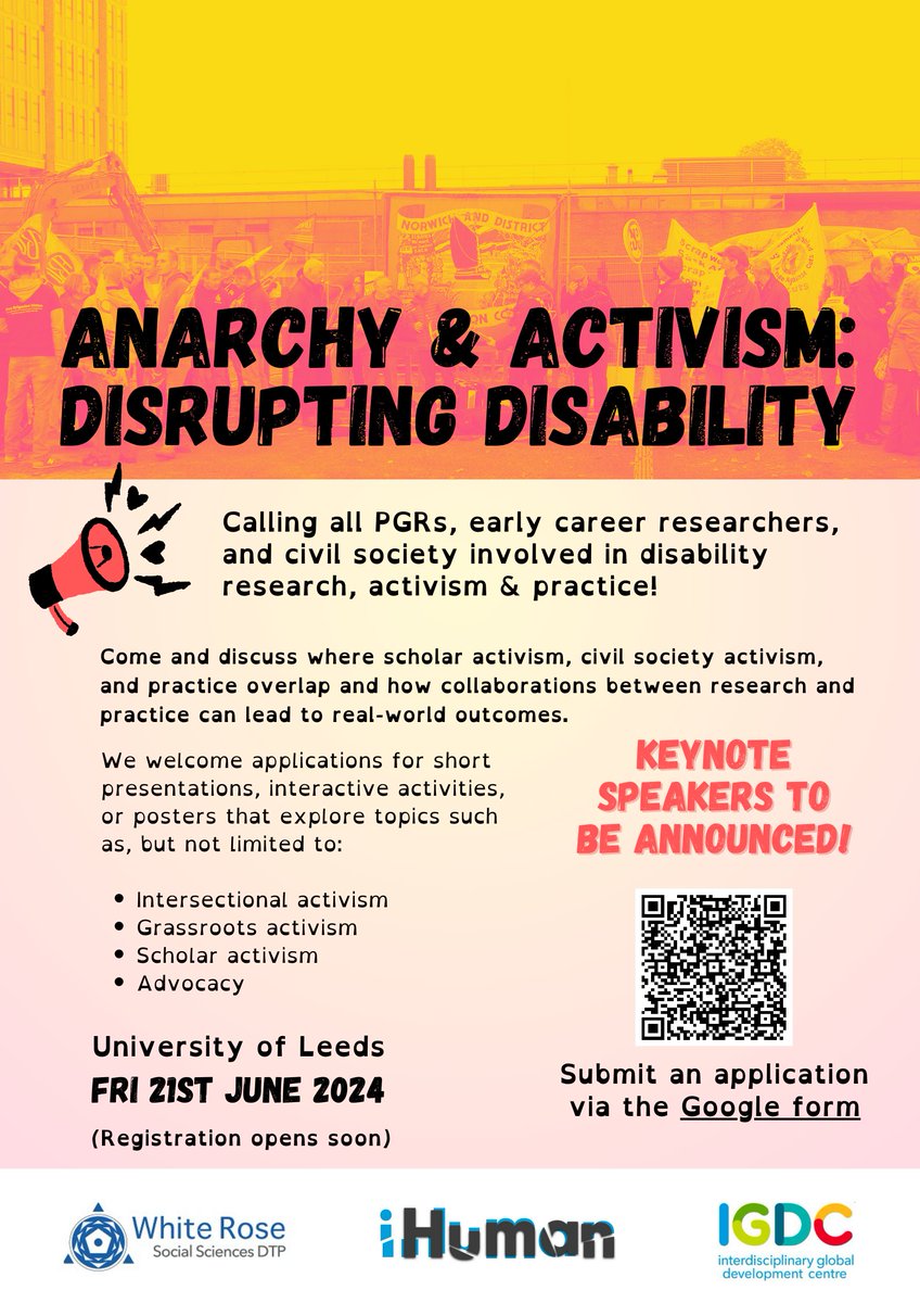 📢Call for Presentations!📢
Come and join us for this exciting PGR-led hybrid interdisciplinary conference for PGRs, early career researchers, and civil society involved in disability research, activism &amp; practice! Accepting submissions until Midday Sunday 26th May 2024!