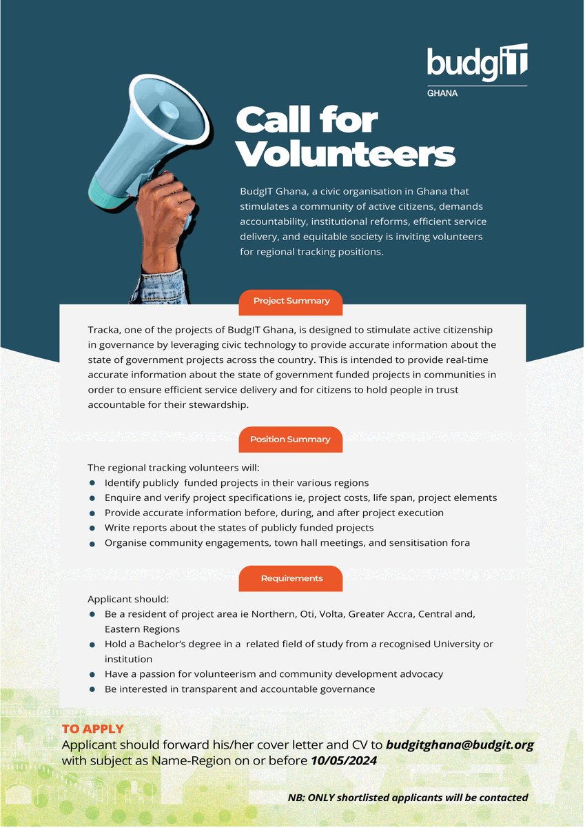 BE THE CHANGE!🔔🗣️📢
Are you interested in matters of accountability and transparent governance?

Do you desire to contribute to advancing the vision for better service delivery in Ghana?

Then here's your chance! Apply to volunteer with us!
Check 👇for more info!

#GetInvolved