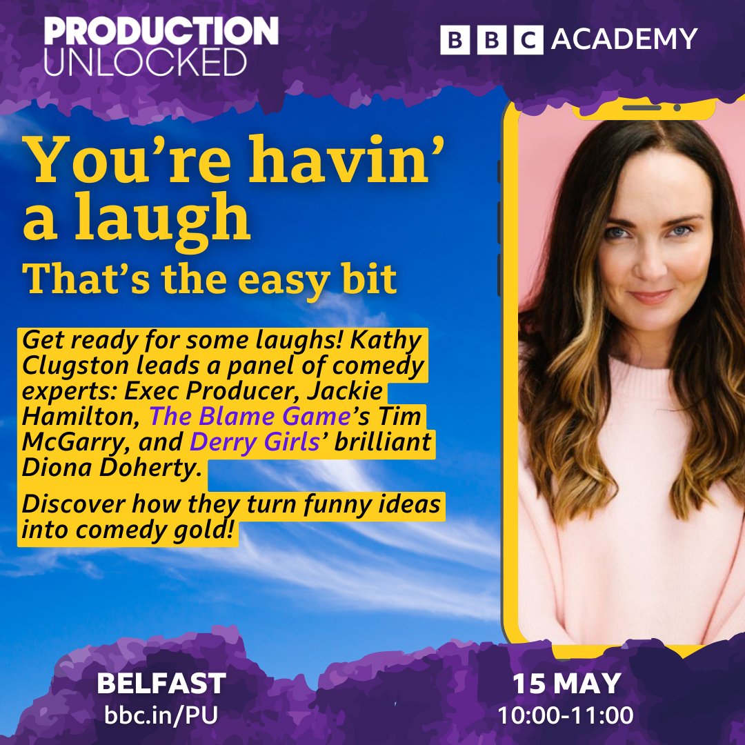 🎬  Learn the secrets of comedy gold from industry pros at #ProductionUnlocked! Join @KathyClugston as she chairs a panel featuring Jackie Hamilton (@jackiemoondog), @Tim_Mc_Garry and Diona Doherty. 🎟️ Book now: bbc.in/PU