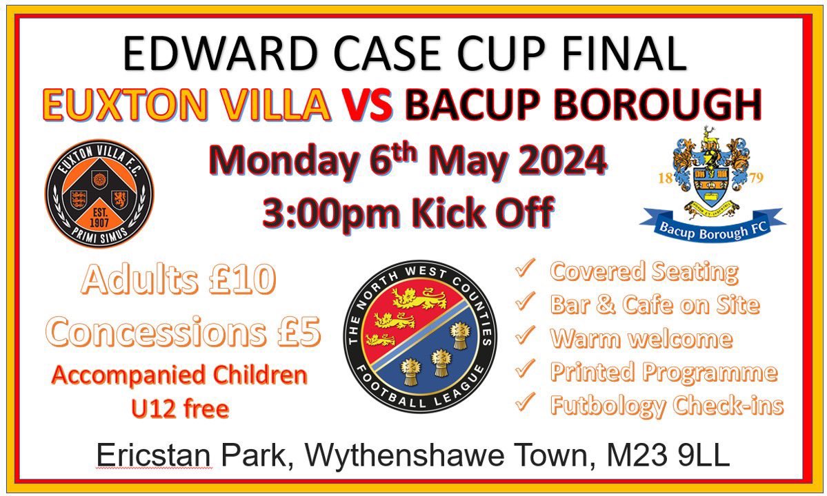 Bank Holiday Monday6th and we look to finish our season with silverware as we head to <a href="/WTFC1946/">Wythenshawe Town FC</a> to Play <a href="/BacupBoro/">Bacup Borough FC</a> in the <a href="/nwcfl/">The NWCFL ⚽️</a> Edward Case Cup Final 
Some excellent support coming over to get behind the team 
Plenty of near by parking and cash&amp;card accepted #EVFC 
Details 👇