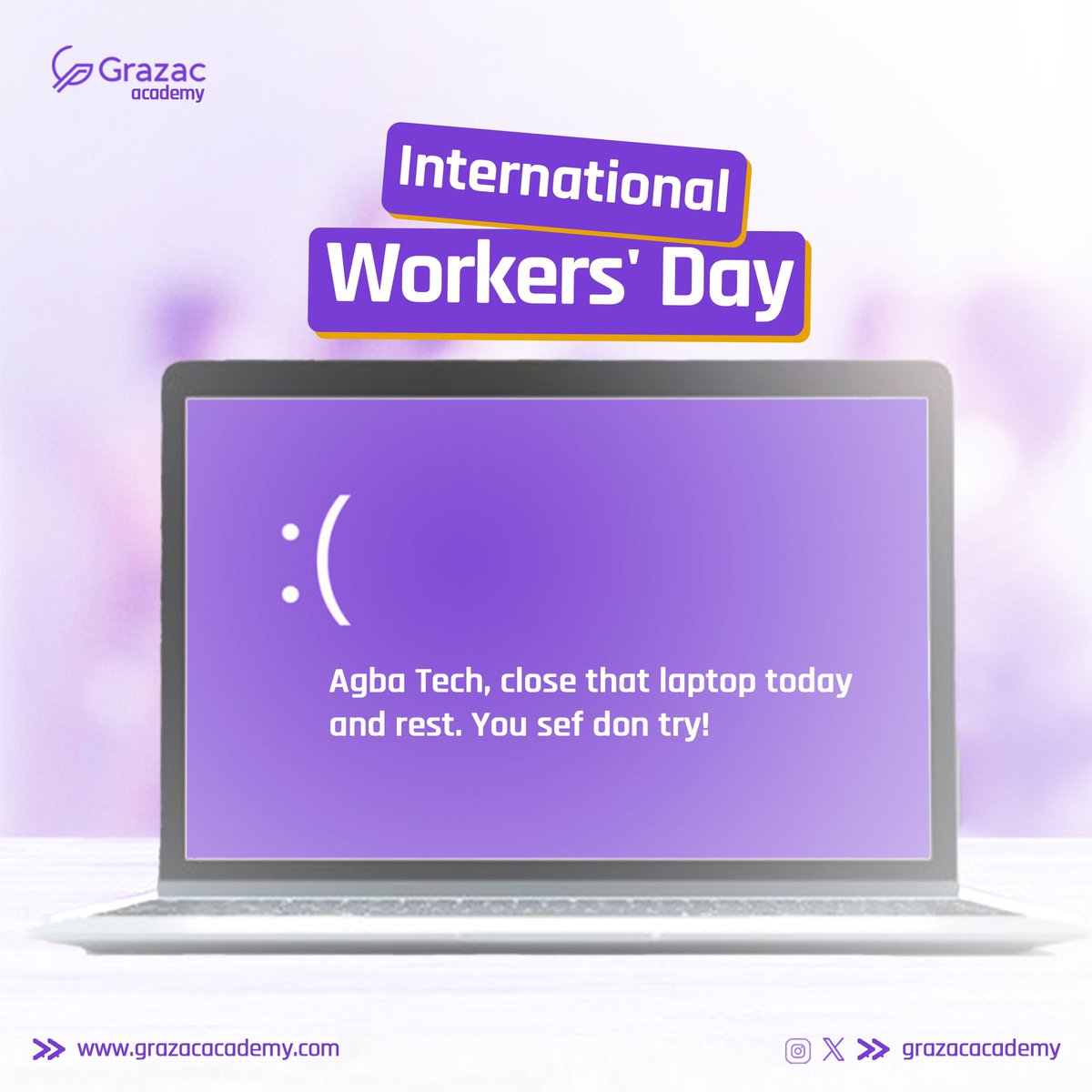 Today, appreciate yourself for all your hard work cos you are doing a lot more than you think you are doing.

Happy workers day techies!💜

#grazacacademy #grazacacademytechtalent #happynewmonth #may1st #workersday #techworkers #wednesdaymorning #happyworkersday #publicholiday