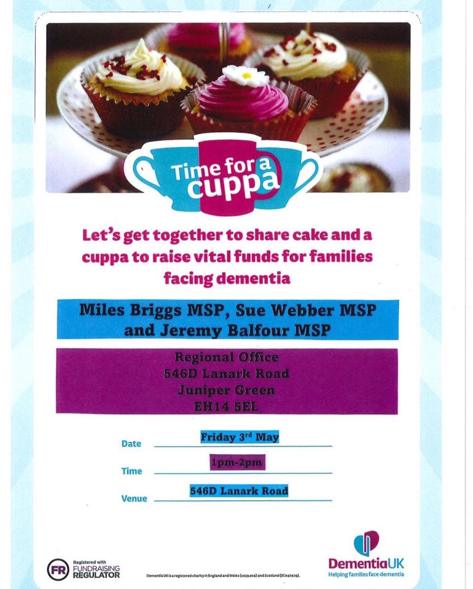 Delighted to be holding a coffee morning in support of @DementiaUK this Friday 3rd May with my colleagues @SueJWebber and @JeremyRBalfour Please come along and help raise funds for families facing dementia. 🧁☕️🍰