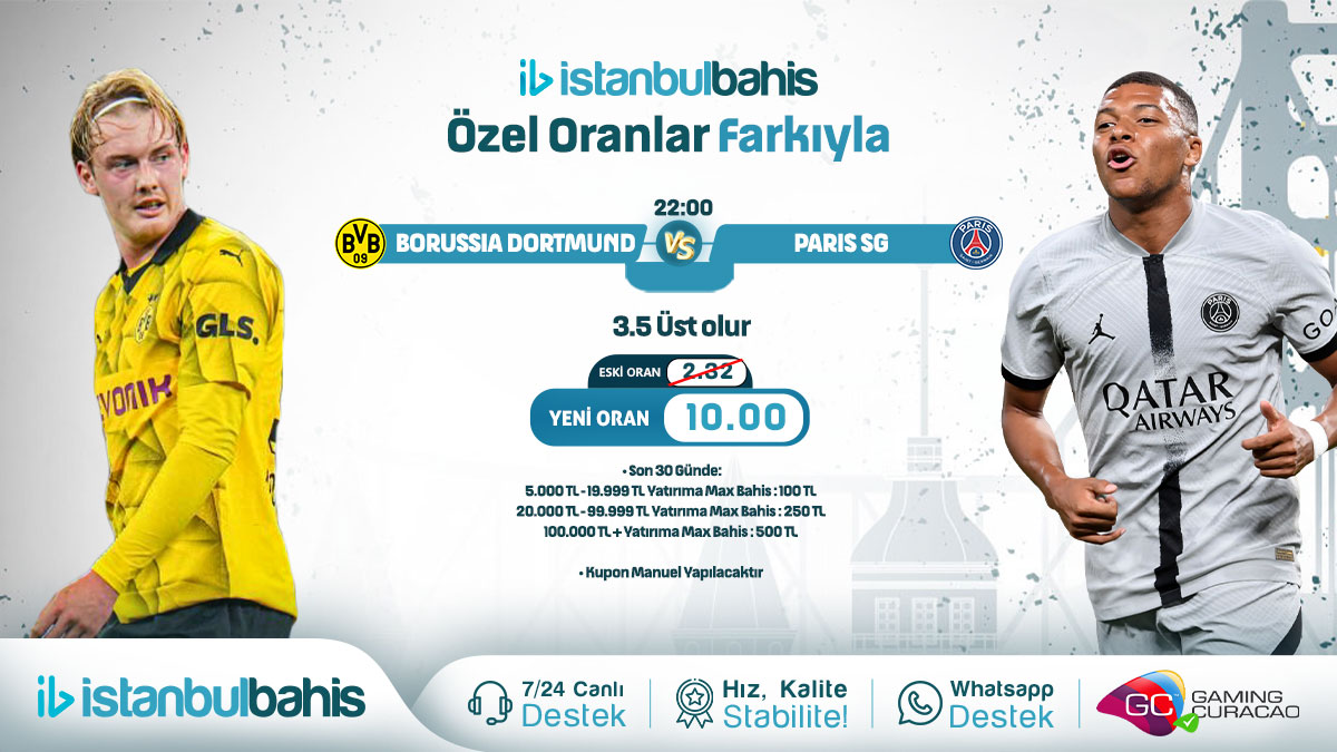 ⌛️#İstanbulBahis 'ten Özel Oran! ✔️Belirtilen Kuponun Oranı 2.32 Yerine TAM 10.00 ORAN‼️ ⚠️ Son 30 Günde : 5.000TL - 19.999TL Yatırıma Max Bahis : 100TL 20.000TL - 99.999TL Yatırıma Max : 250TL 100.000TL Üstü Yatırıma Max Bahis : 500TL ⚠️ 🧩t.ly/istanbulbahisg…