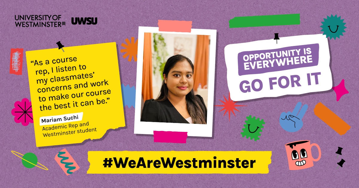 Mariam is one of the many course reps we have here at Westminster. Reps represent our students’ voices on all things related to studying with us and help us continually improve their learning experience 👏 🔗 Find out more about our Course Reps: bit.ly/3QmxPeK
