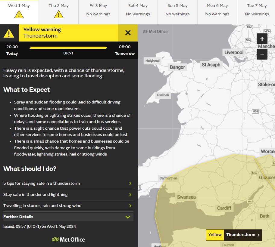 ⚠Adverse Weather⚠

The @metoffice have announced a 🟡 #WeatherWarning for heavy rain & thunderstorms🌩🌧 across the region that could impact driving conditions.

📆01/05/24 - 02/05/24 | ⌚20:00 - 08:00

Stopping distances increase on wet roads⤵
traffic.wales/driving-heavy-…