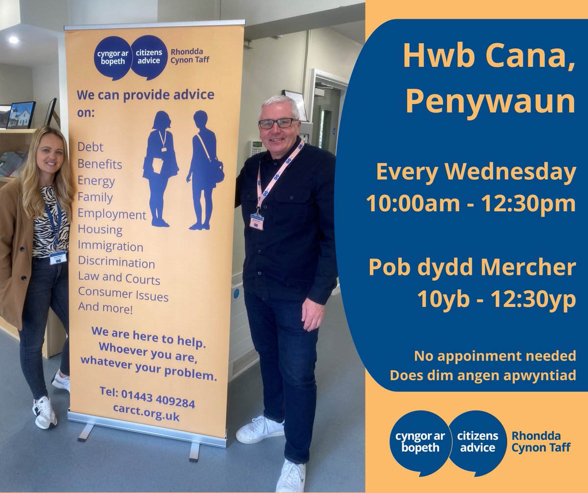 Our advisers Tanya and Adrian are available today at Hwb Cana, Penywaun between 10:00am - 12:30pm to offer free, impartial confidential advice.

No appointment needed