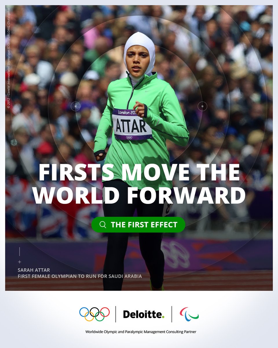 Meet Sarah Attar, the first female Olympian to run for Saudi Arabia. Read Sarah’s story and explore how Deloitte is tracking the impact of firsts from the Olympic & Paralympic Games in #TheFirstEffect 👉 oly.ch/49W9jIj