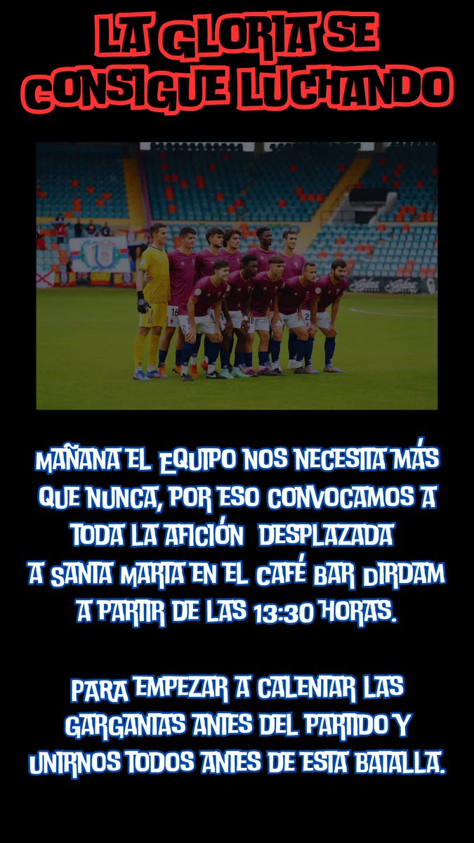 Hoy se juega otra final pero ahora fuera de casa así que encarnados coger vuestra bufandas de rojo y azul las gargantas y quedamos en Santa Marta 
🔴¡VAMOS CAMPEÓN!🔵