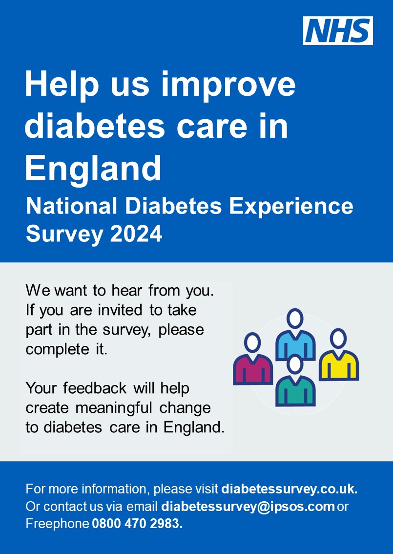 Received a questionnaire? We want to hear from you! 📢

We have sent out the National Diabetes Experience Survey to over 100,000 people living with diabetes in England.

Find out more about the survey and how to take part. diabetessurvey.co.uk @DiabetesUK