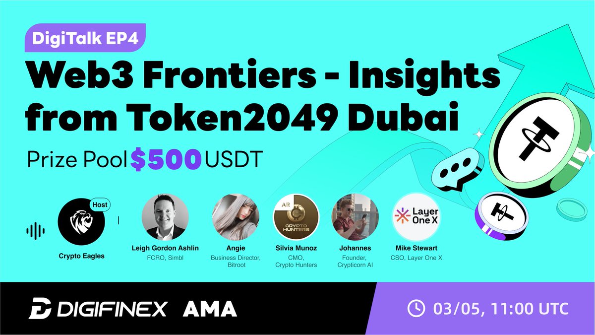 🚀Join X Space #DigiTalk: Exploring Web3 Frontiers - Insights from Token2049 Dubai with @CryptoProject6 @crhgame @Bitroot_ @LayerOneX @SimblRecycling @CrypticornAI on May 3rd, 11 UTC! 🎁10 winners to split 100 USDT when: 1. RT & set a reminder: twitter.com/i/spaces/1MnGn… 2. Drop…