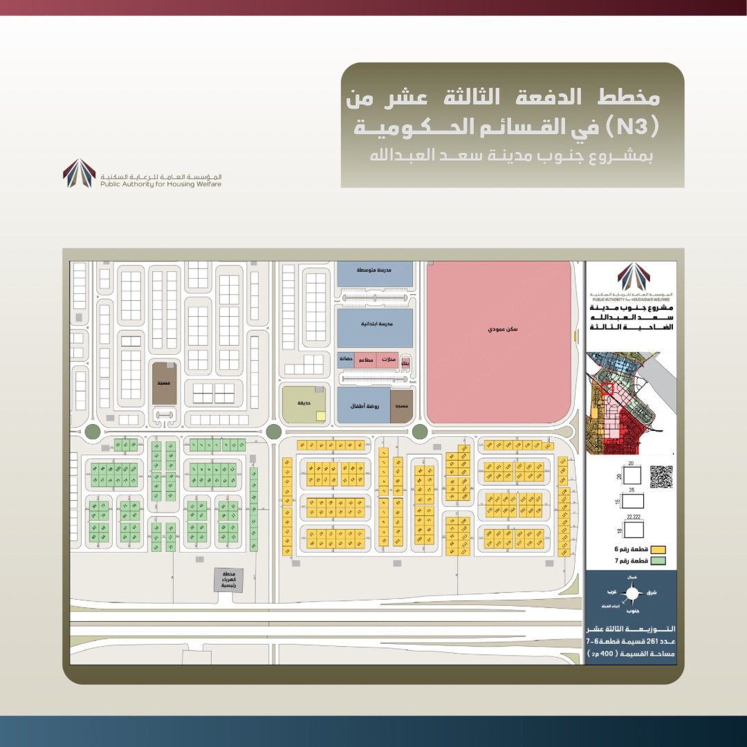 تعلن المؤسسة بأنها ستقوم بتوزيع الدفعة الثالثة عشر من (3N)  في القسائم الحكومية في مشروع #جنوب_مدينة_سعد_العبدالله والتي تشتمل على (261) قسيمه بمساحة 400 م2 للمخصص لهم حتى تاريخ 21/9/2005