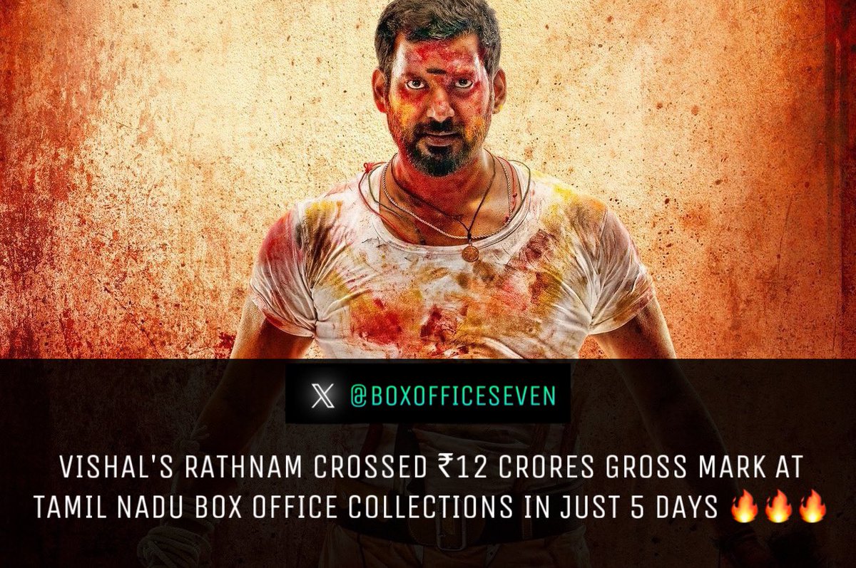 #Vishal’s #Rathnam TN GROSS (5 DAYS)— Fri ₹2.50 CR (D1) Sat 4.05 CR (D2) Sun ₹3 CR (D3) Mon ₹1.83 CR (D4) Tue ₹0.96 CR (D5) Total Gross — ₹12.34 CR 🔥🔥🔥