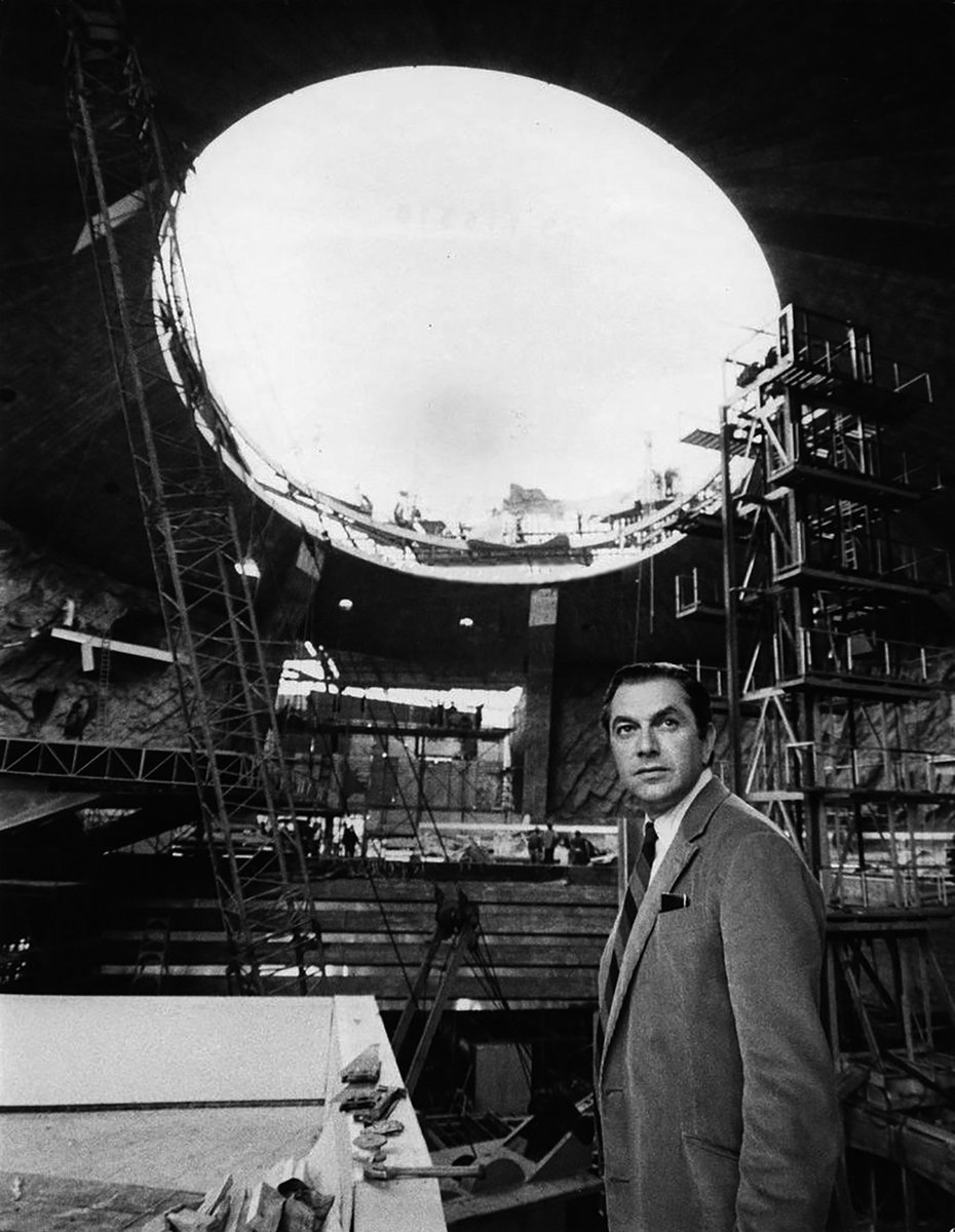 Behind the scenes with Production Designer Ken Adam at Pinewood Studios during filming for You Only Live Twice (1967). - It's arguably his most iconic work for the Bond series in terms of concept and execution. #JamesBond #KenAdam