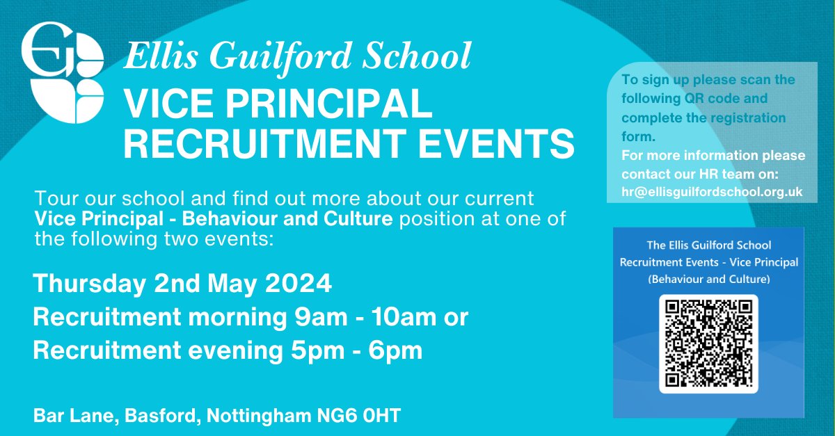 After the success of their recent recruitment evening @Ellis_Guilford are hosting a recruitment morning and evening tomorrow - Thursday 2nd May for their Vice Principal - Behaviour and Culture position. Sign up via the QR code!