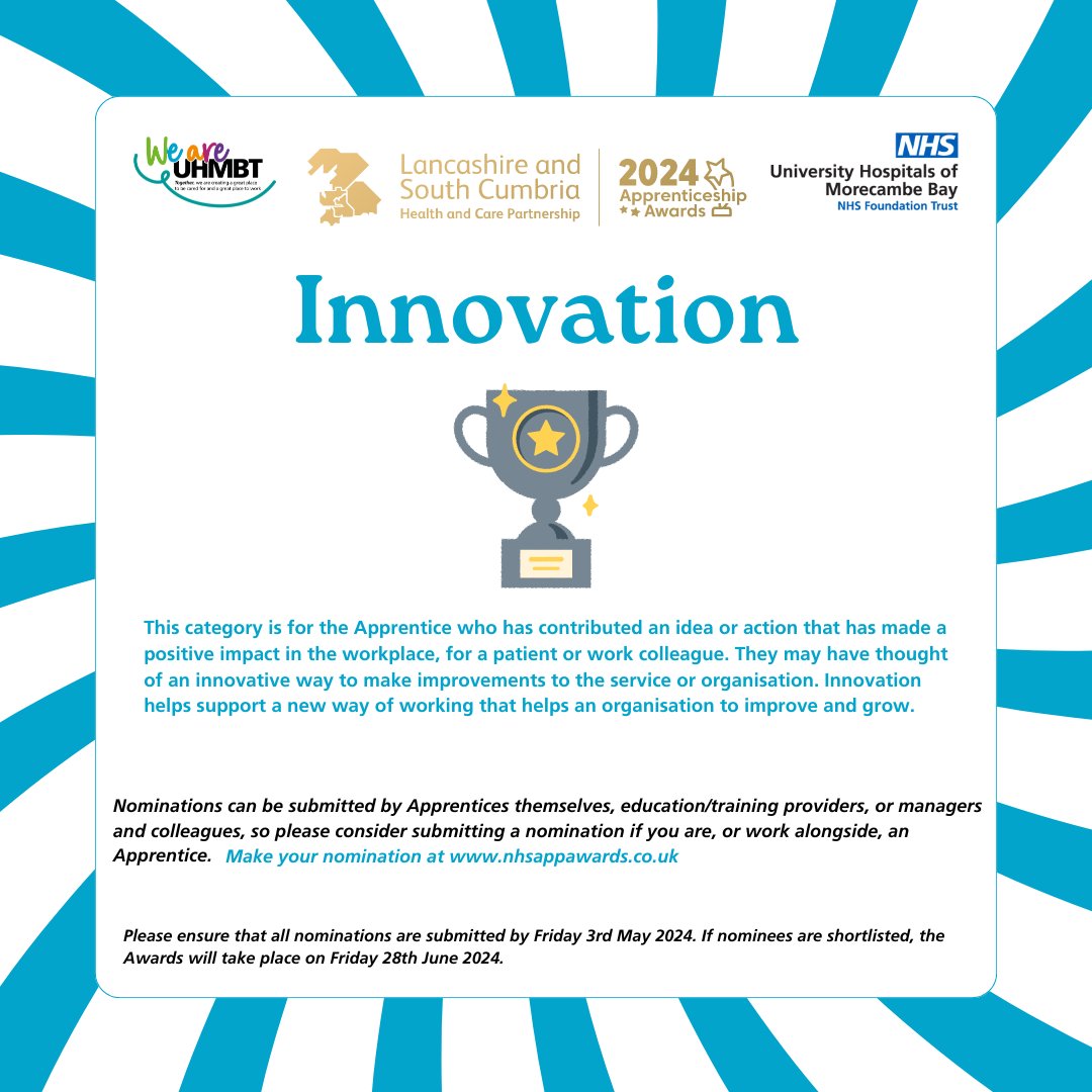 ⭐️🏆This category is for the Apprentice who has contributed an idea or action that has made a positive impact in the workplace, for a patient or work colleague. nominate them at: nhsappawards.co.uk, deadline Friday 3rd May!