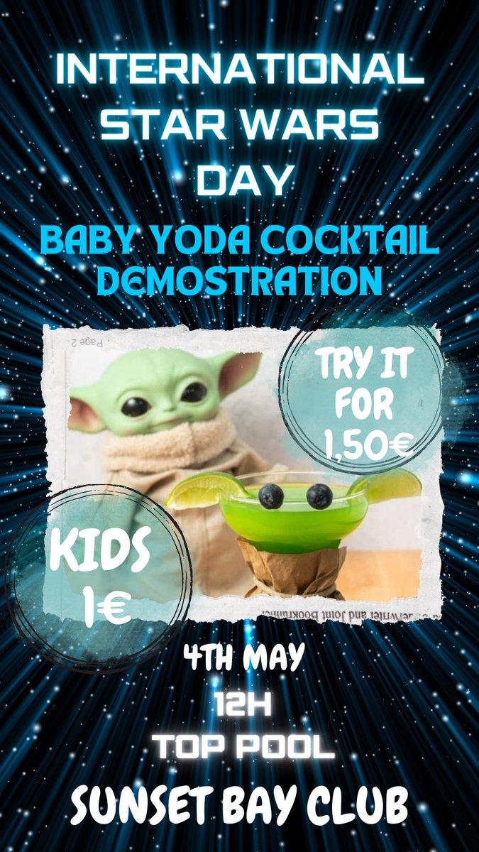 We remind you that this SATURDAY, MAY 4  
we are going to celebrate STAR WARS DAY ⚔️
We will have a COCKTAIL DEMO & ALL THE MONEY RAISED WILL GO TO #WEAREWATER FOUNDATION 💦

See you there! #SunsetBayClub
All INFO👇