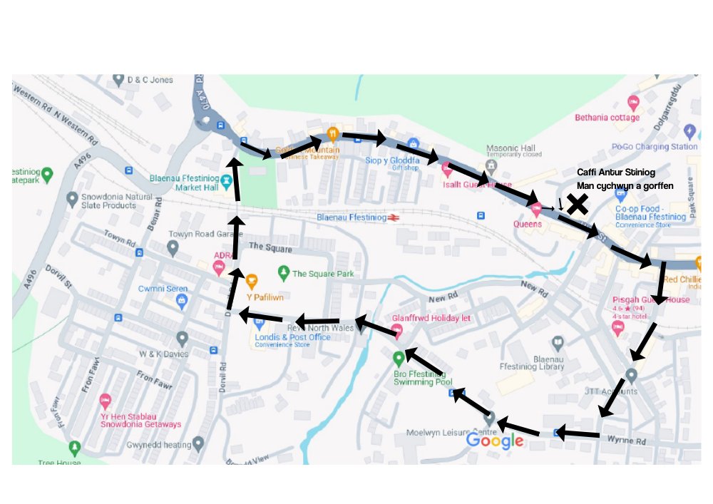 Yn wahanol i ralïau blaenorol, bydd yr orymdaith *cyn* y siaradwyr dydd Sadwrn. Byddwn ni'n cychwyn a gorffen ym maes parcio Diffwys am 2pm a dyma'r llwybr sydd ychydig dros filltir o hyd #DeddfEiddo #nidywcymruarwerth