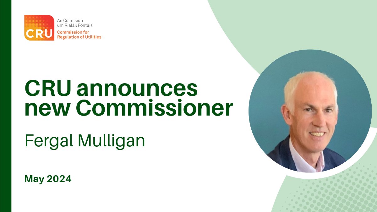 Fergal Mulligan has been appointed as a Commissioner to the CRU and will take up his role from today. As a Commissioner, Mr Mulligan will be supporting the CRU's focus on ensuring safe, secure and sustainable supplies of energy and water. Read more: bit.ly/3UuJ6uS